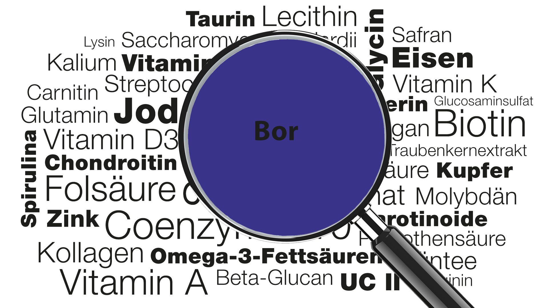 Lupe mit Wort Bor im Fokus » Wissenswertes zu Funktionen, Anwendungsgebieten, Mangel, Lebensmittelquellen uvm.
