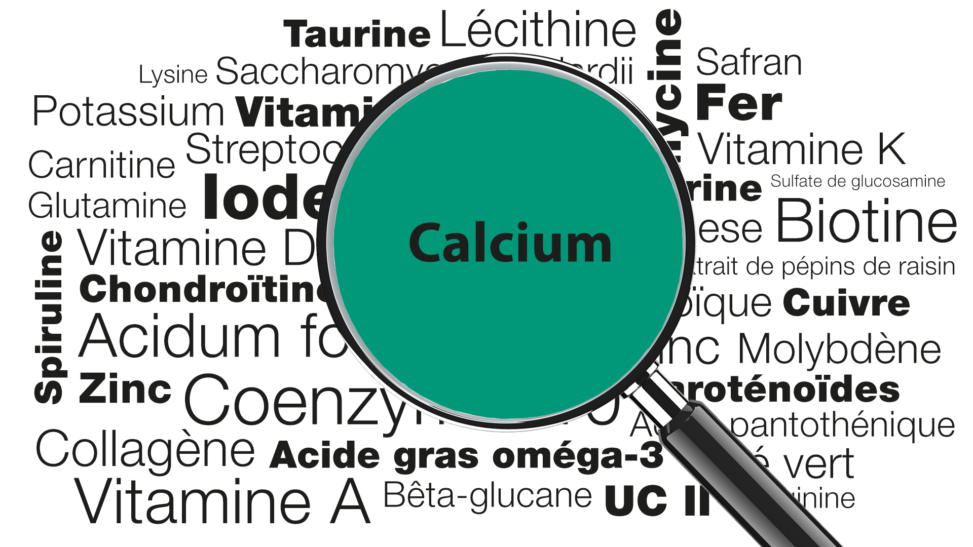 Loupe focalisée sur le mot Calcium sur fond vert
